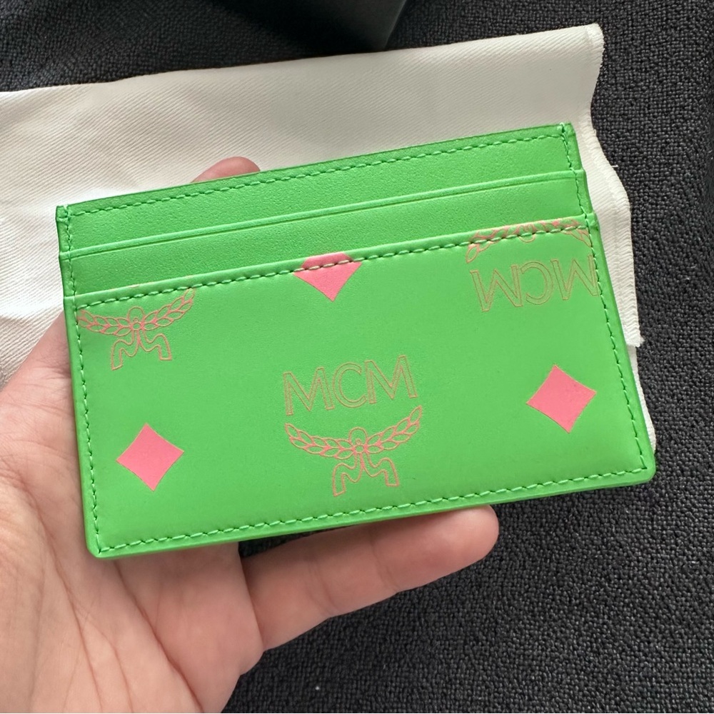 MCM Neon Green Card Holder with Pink Bulldog Accent - Picture 2 of 3